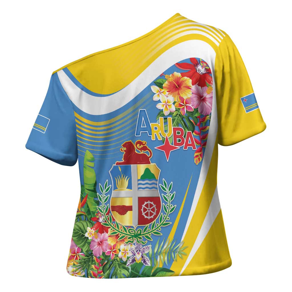 Aruba Cross Shoulder Shirt Coat Of Arms With Tropical Flowers