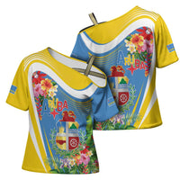 Aruba Cross Shoulder Shirt Coat Of Arms With Tropical Flowers
