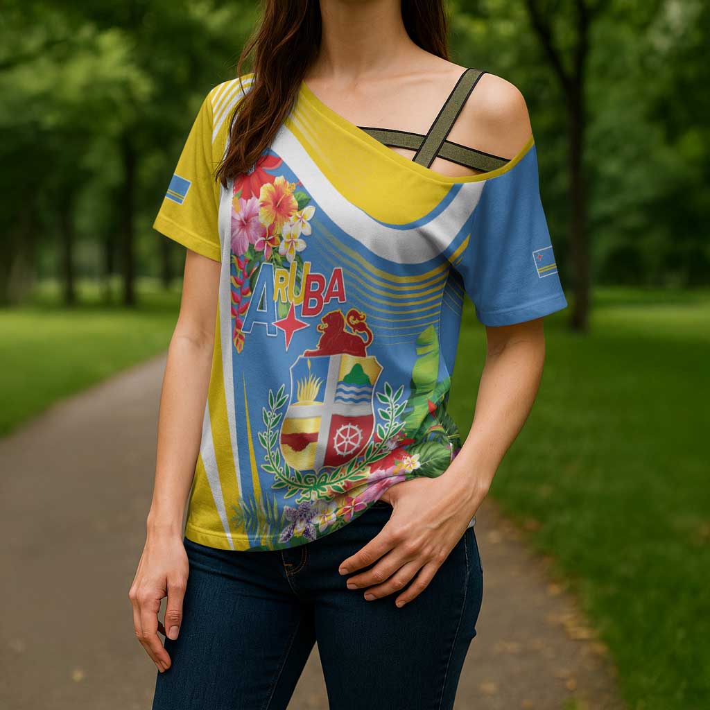 Aruba Cross Shoulder Shirt Coat Of Arms With Tropical Flowers