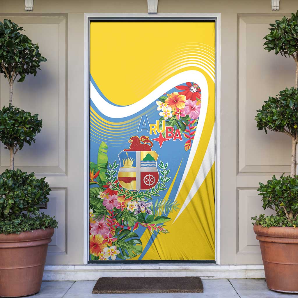 Aruba Door Cover Coat Of Arms With Tropical Flowers