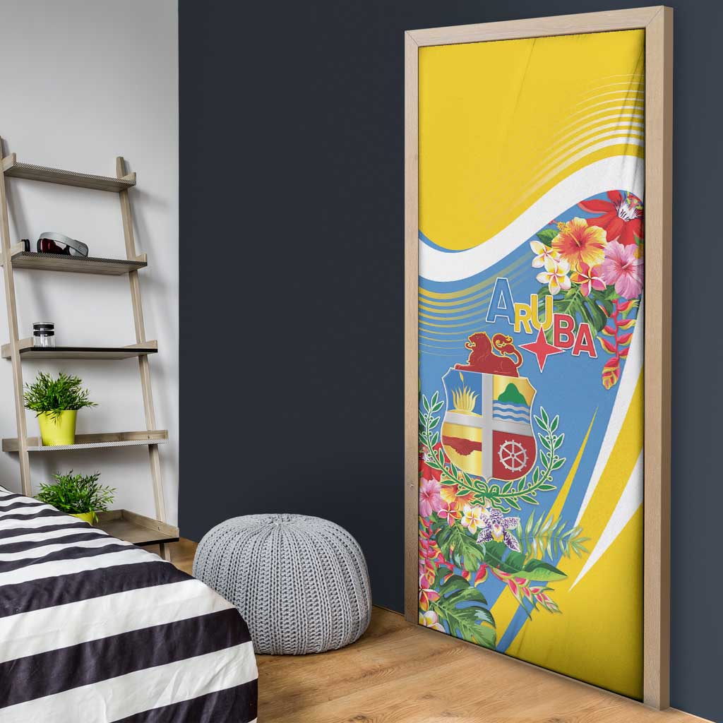 Aruba Door Cover Coat Of Arms With Tropical Flowers
