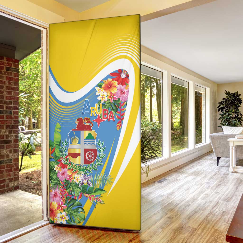 Aruba Door Cover Coat Of Arms With Tropical Flowers