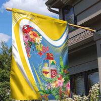 Aruba Garden Flag Coat Of Arms With Tropical Flowers
