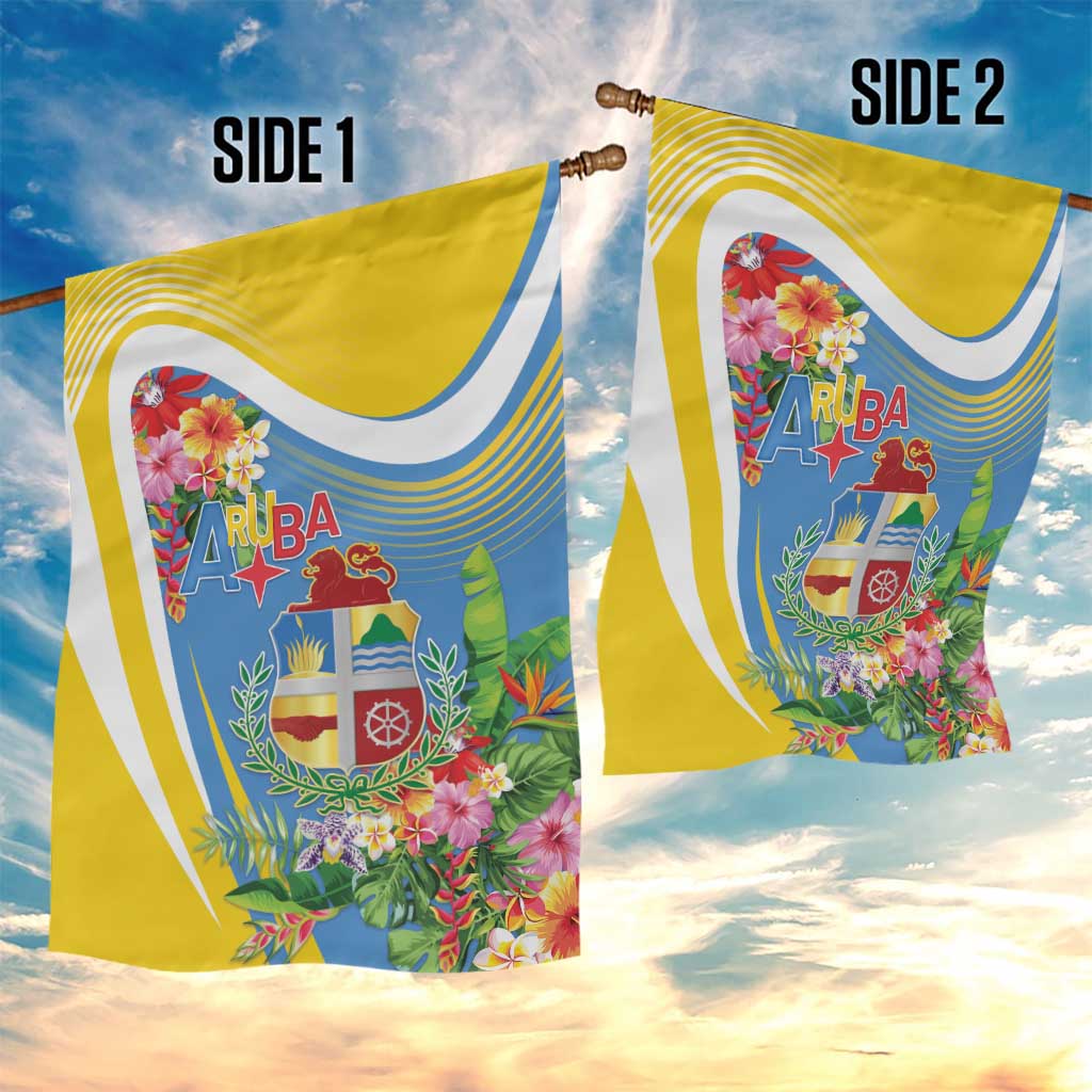 Aruba Garden Flag Coat Of Arms With Tropical Flowers