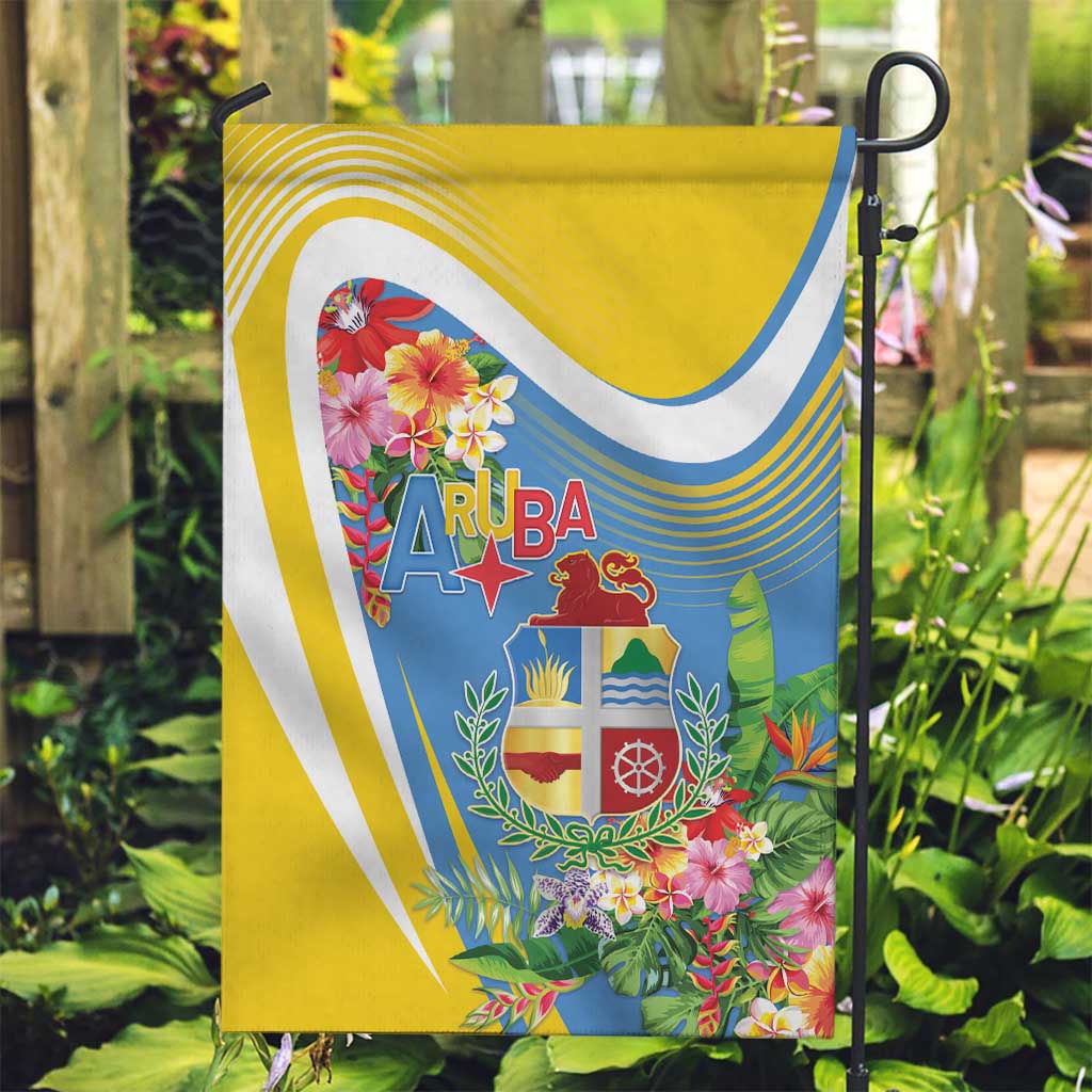Aruba Garden Flag Coat Of Arms With Tropical Flowers