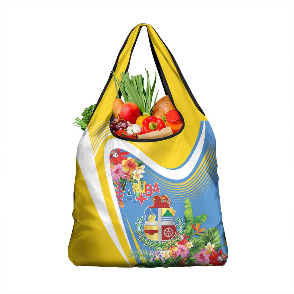 Aruba Grocery Bag Coat Of Arms With Tropical Flowers