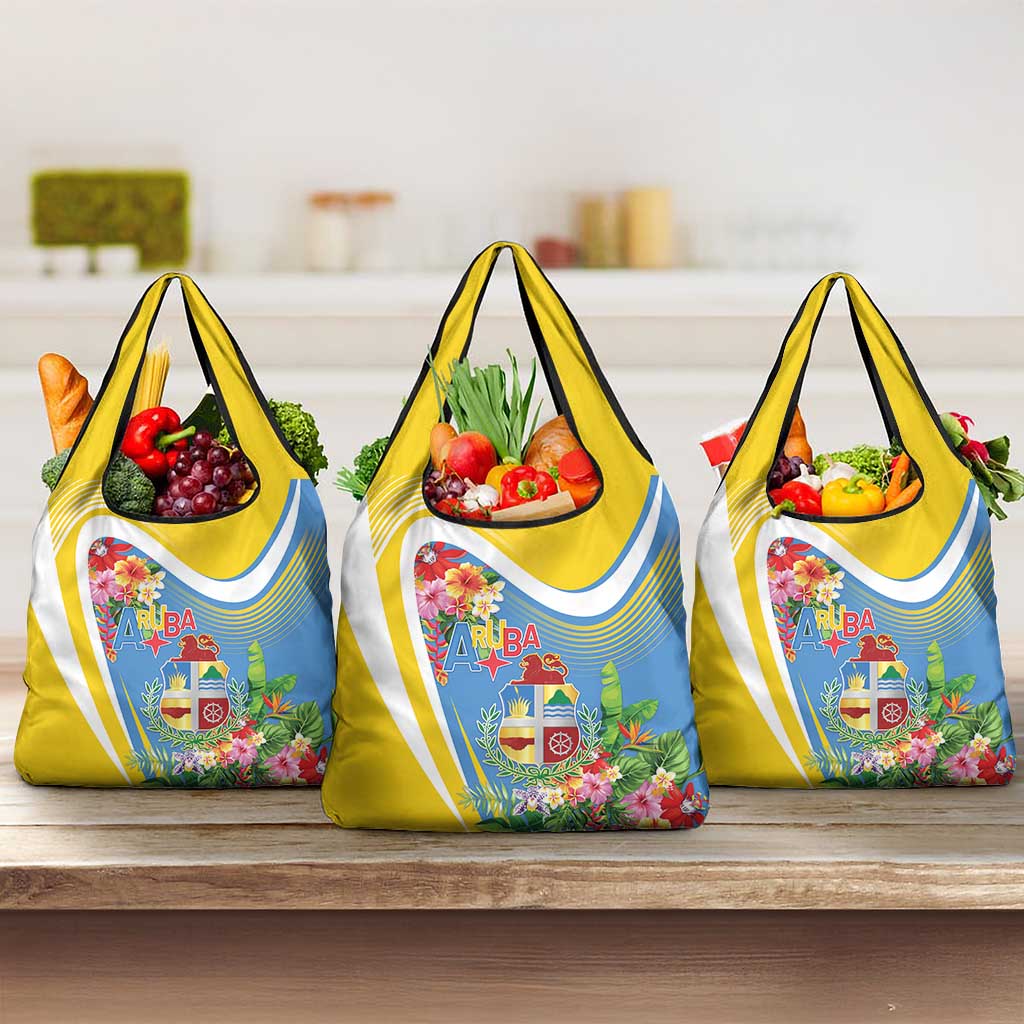 Aruba Grocery Bag Coat Of Arms With Tropical Flowers