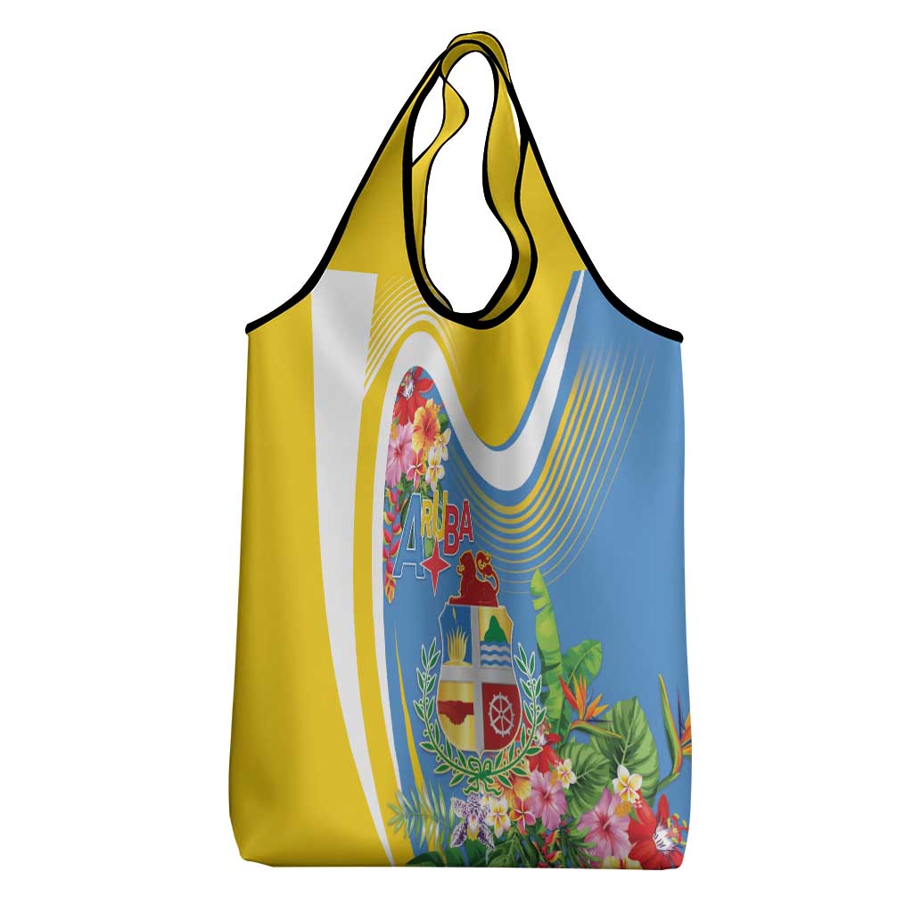 Aruba Grocery Bag Coat Of Arms With Tropical Flowers
