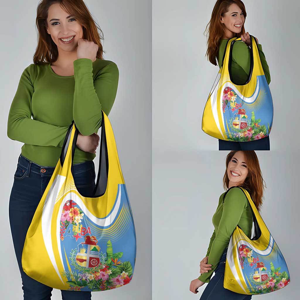 Aruba Grocery Bag Coat Of Arms With Tropical Flowers