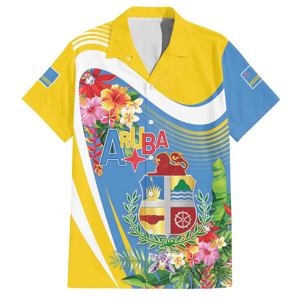 Aruba Hawaiian Shirt Coat Of Arms With Tropical Flowers