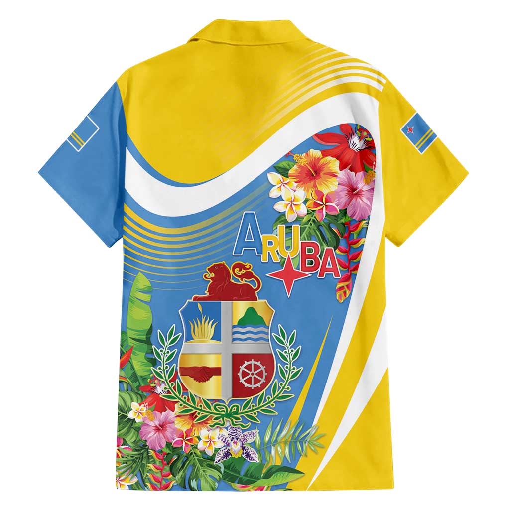 Aruba Hawaiian Shirt Coat Of Arms With Tropical Flowers