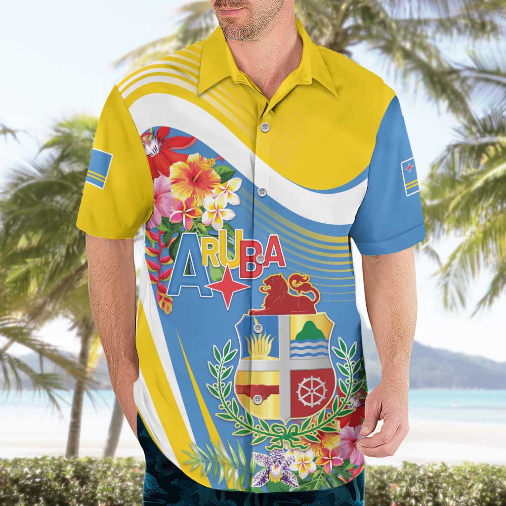 Aruba Hawaiian Shirt Coat Of Arms With Tropical Flowers