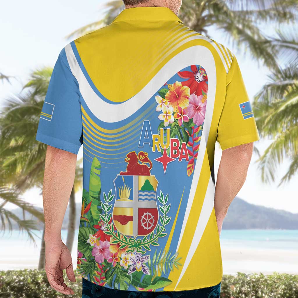 Aruba Hawaiian Shirt Coat Of Arms With Tropical Flowers
