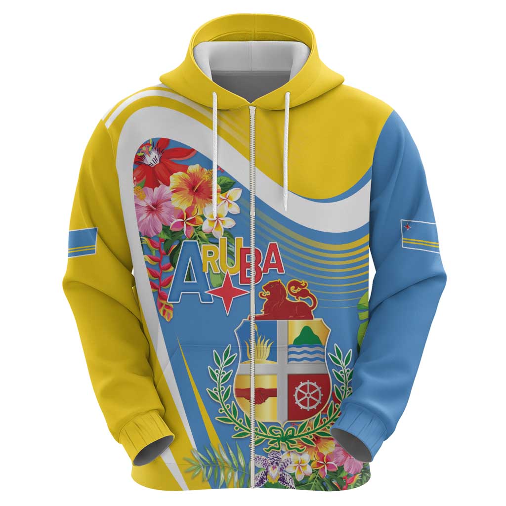 Aruba Hoodie Coat Of Arms With Tropical Flowers
