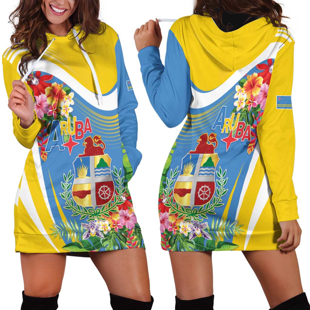 Aruba Hoodie Dress Coat Of Arms With Tropical Flowers