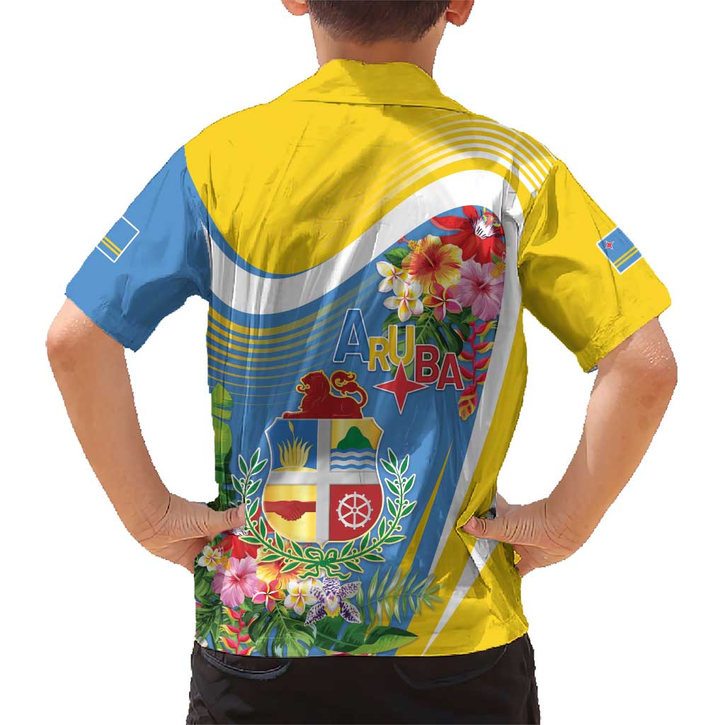 Aruba Kid Hawaiian Shirt Coat Of Arms With Tropical Flowers