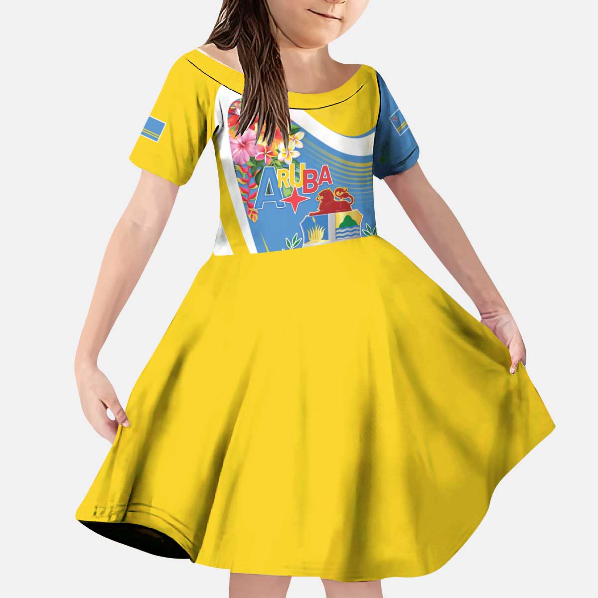 Aruba Kid Short Sleeve Dress Coat Of Arms With Tropical Flowers