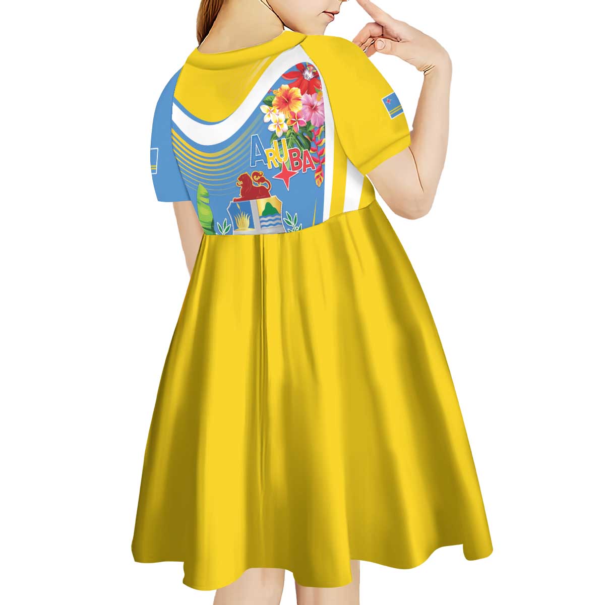 Aruba Kid Short Sleeve Dress Coat Of Arms With Tropical Flowers