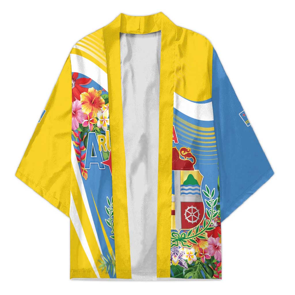 Aruba Kimono Coat Of Arms With Tropical Flowers