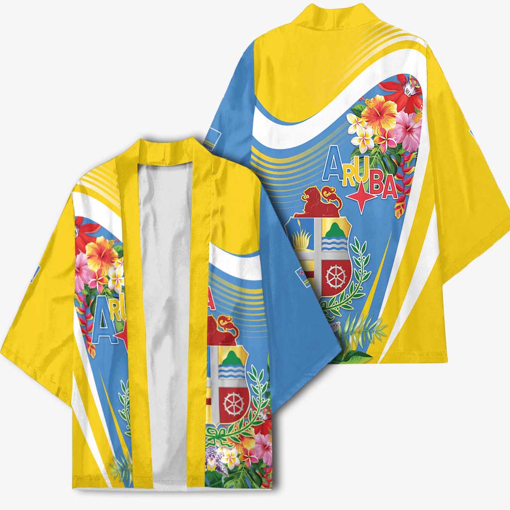 Aruba Kimono Coat Of Arms With Tropical Flowers