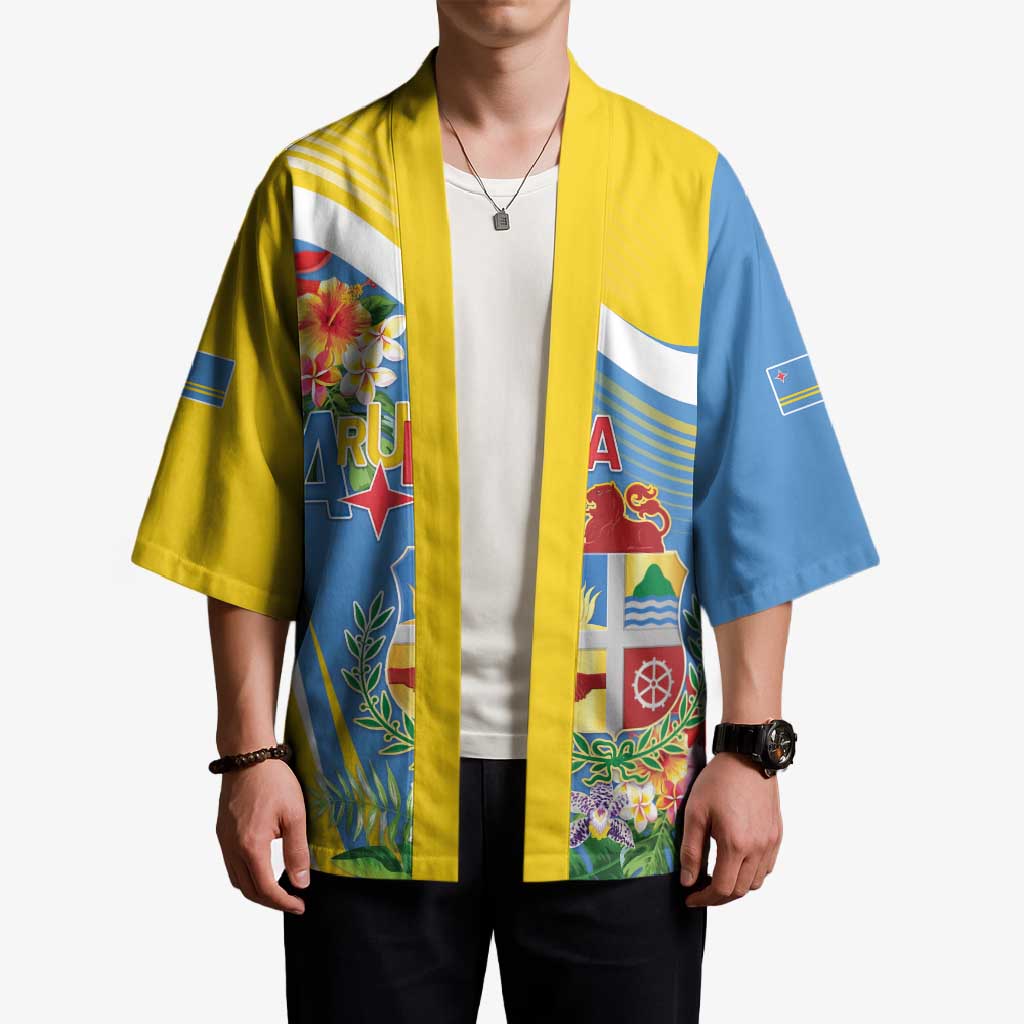 Aruba Kimono Coat Of Arms With Tropical Flowers