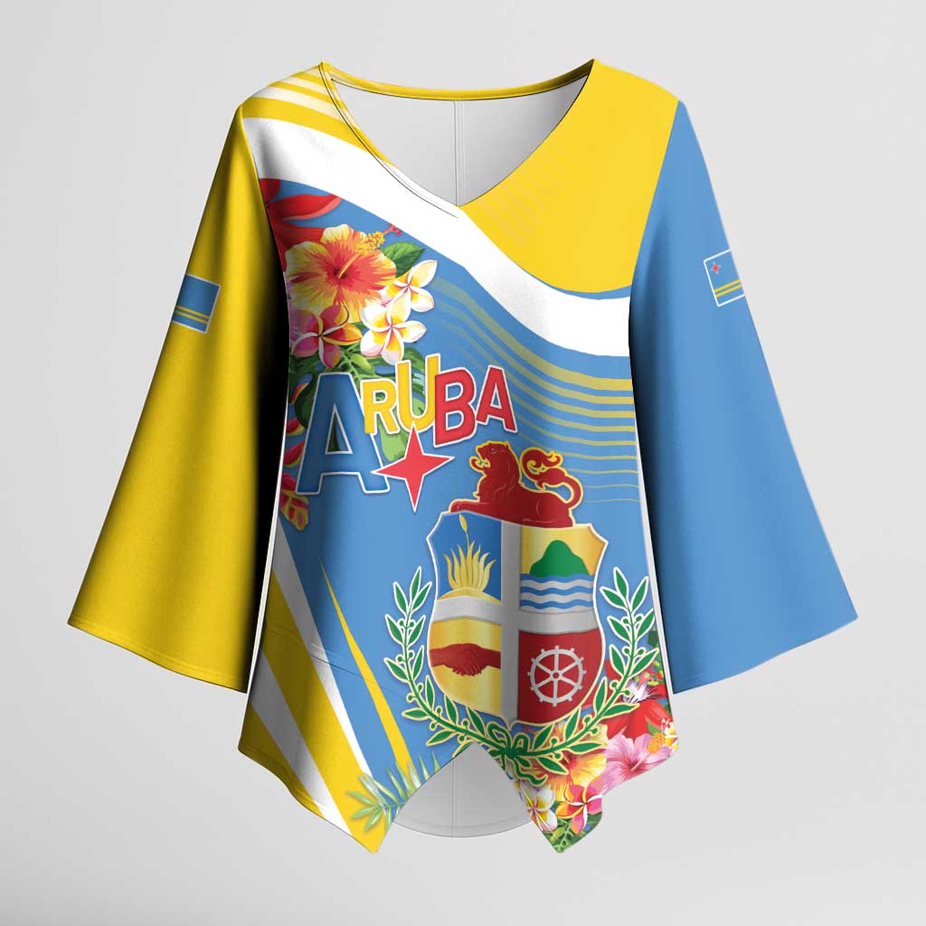 Aruba Kimono Sleeve Blouse Coat Of Arms With Tropical Flowers