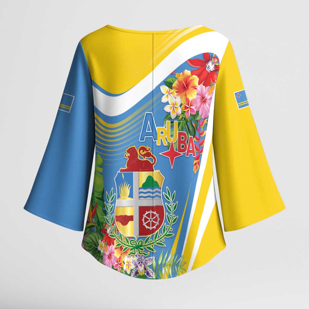 Aruba Kimono Sleeve Blouse Coat Of Arms With Tropical Flowers