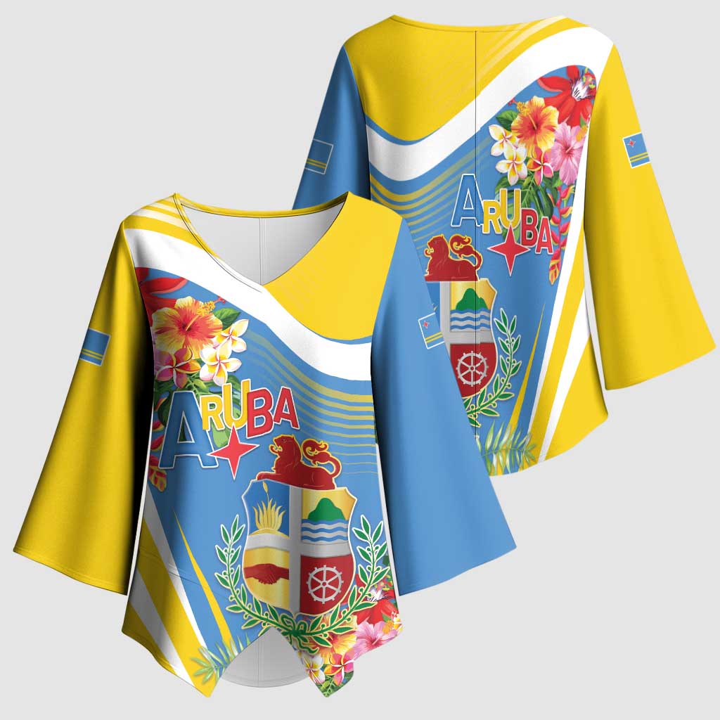 Aruba Kimono Sleeve Blouse Coat Of Arms With Tropical Flowers