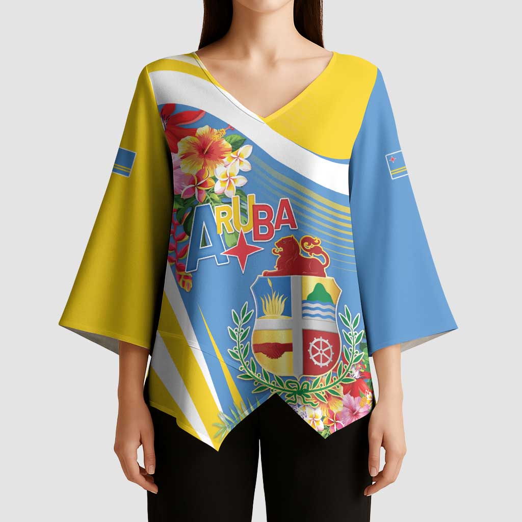 Aruba Kimono Sleeve Blouse Coat Of Arms With Tropical Flowers