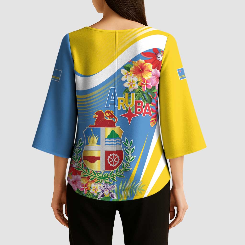 Aruba Kimono Sleeve Blouse Coat Of Arms With Tropical Flowers