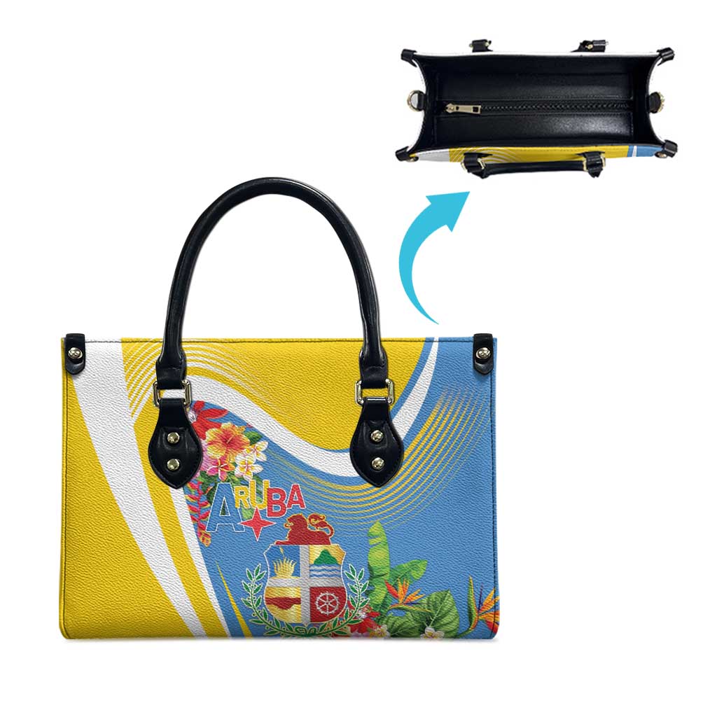 Aruba Leather Bag Coat Of Arms With Tropical Flowers