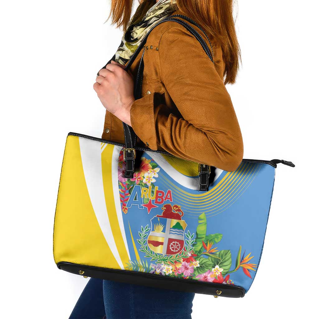 Aruba Leather Tote Bag Coat Of Arms With Tropical Flowers