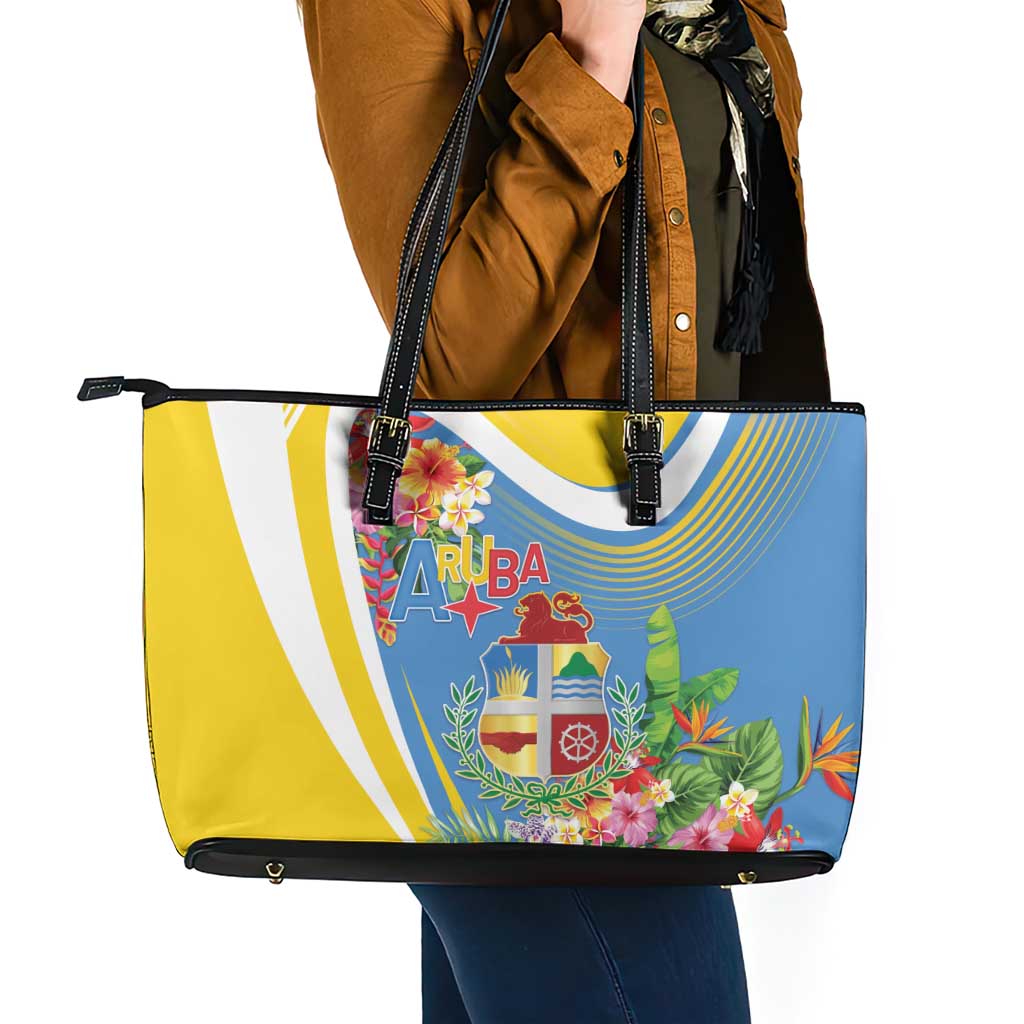Aruba Leather Tote Bag Coat Of Arms With Tropical Flowers