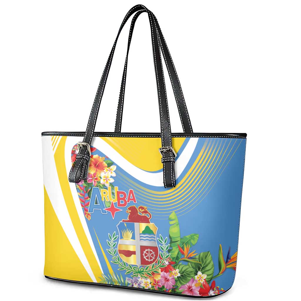 Aruba Leather Tote Bag Coat Of Arms With Tropical Flowers