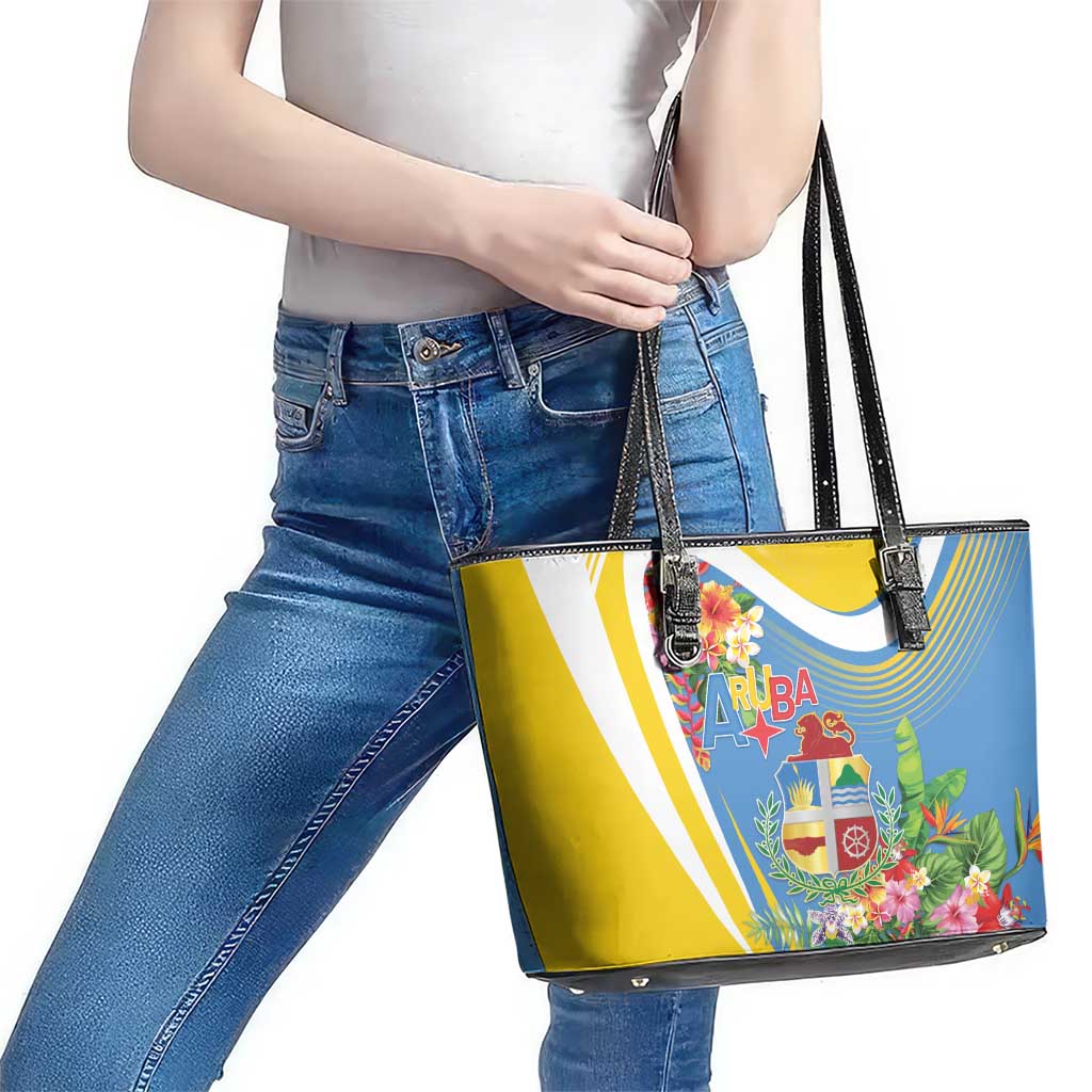 Aruba Leather Tote Bag Coat Of Arms With Tropical Flowers