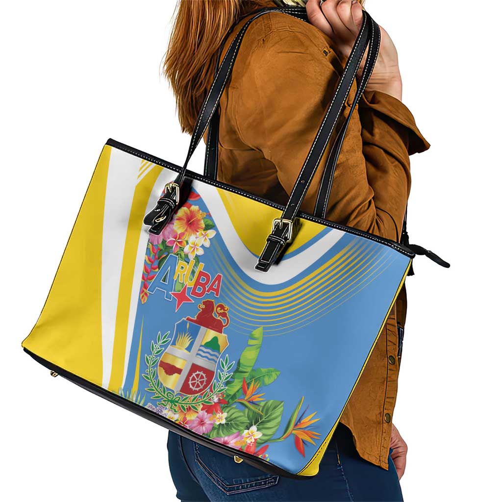 Aruba Leather Tote Bag Coat Of Arms With Tropical Flowers