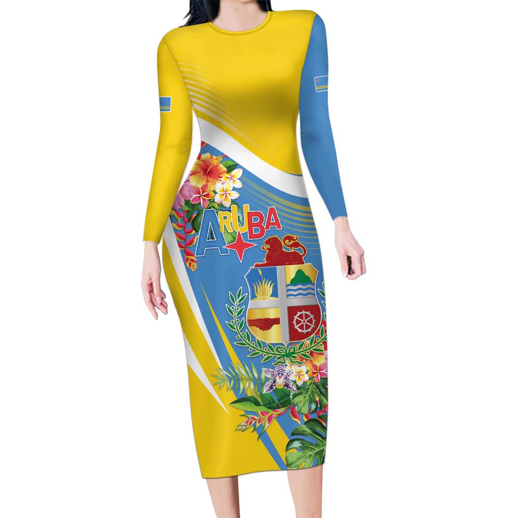 Aruba Long Sleeve Bodycon Dress Coat Of Arms With Tropical Flowers