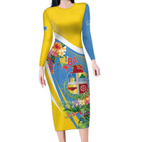 Aruba Long Sleeve Bodycon Dress Coat Of Arms With Tropical Flowers