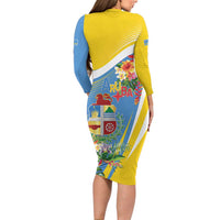 Aruba Long Sleeve Bodycon Dress Coat Of Arms With Tropical Flowers