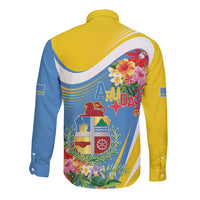Aruba Long Sleeve Button Shirt Coat Of Arms With Tropical Flowers