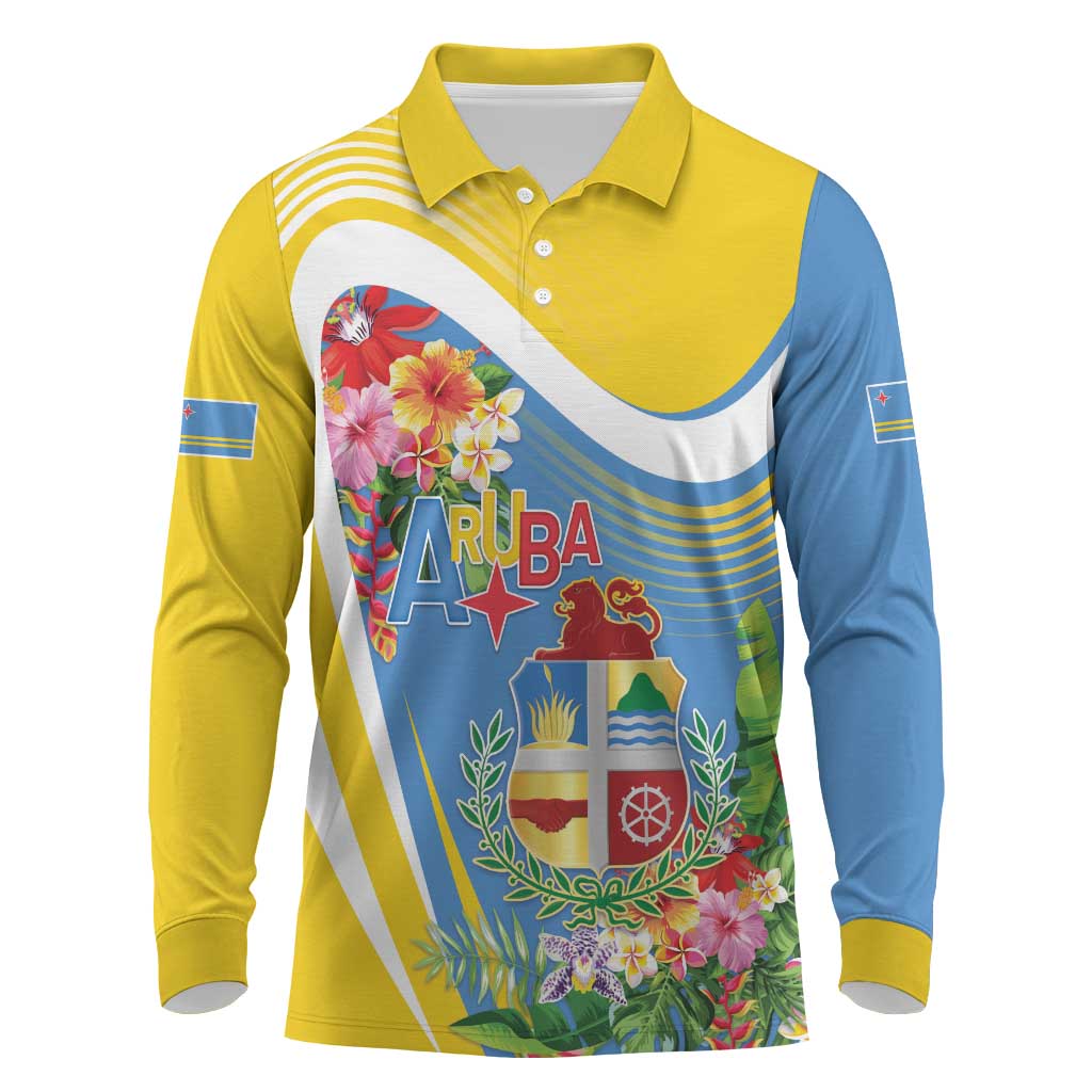 Aruba Long Sleeve Polo Shirt Coat Of Arms With Tropical Flowers