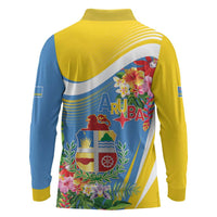 Aruba Long Sleeve Polo Shirt Coat Of Arms With Tropical Flowers