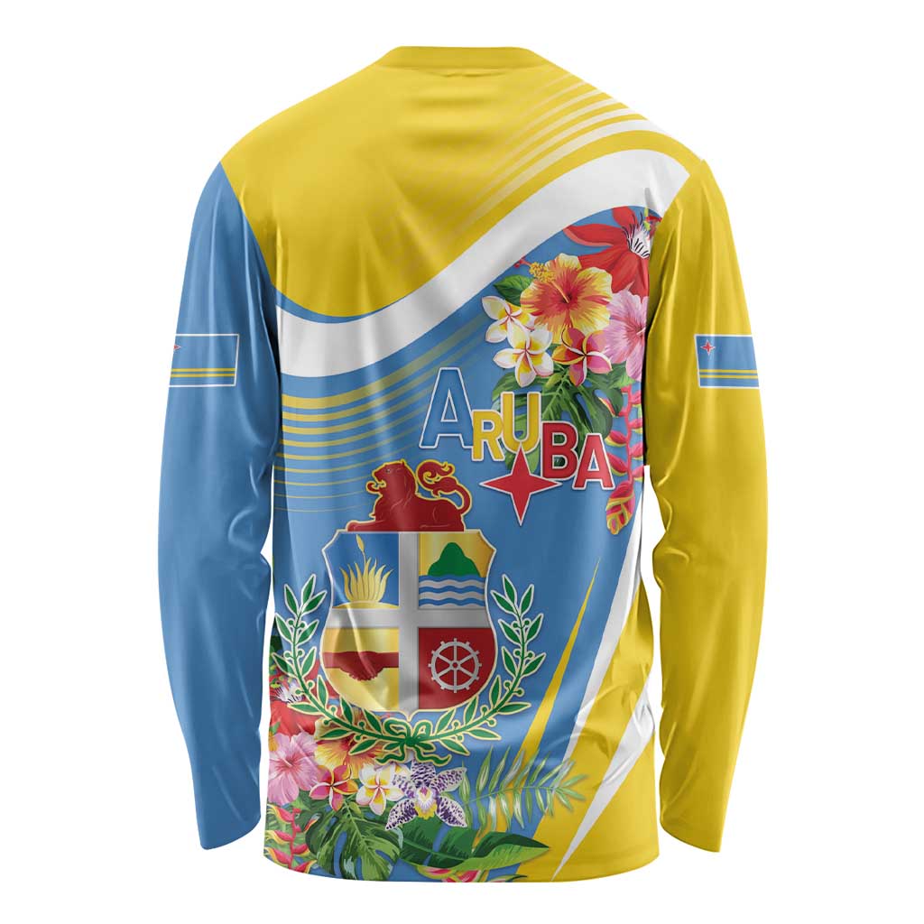 Aruba Long Sleeve Shirt Coat Of Arms With Tropical Flowers