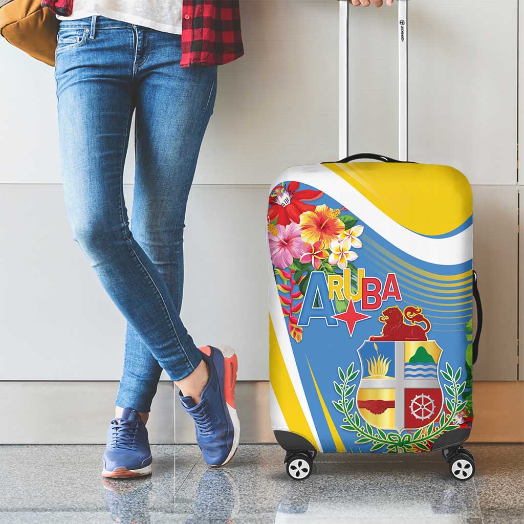 Aruba Luggage Cover Coat Of Arms With Tropical Flowers