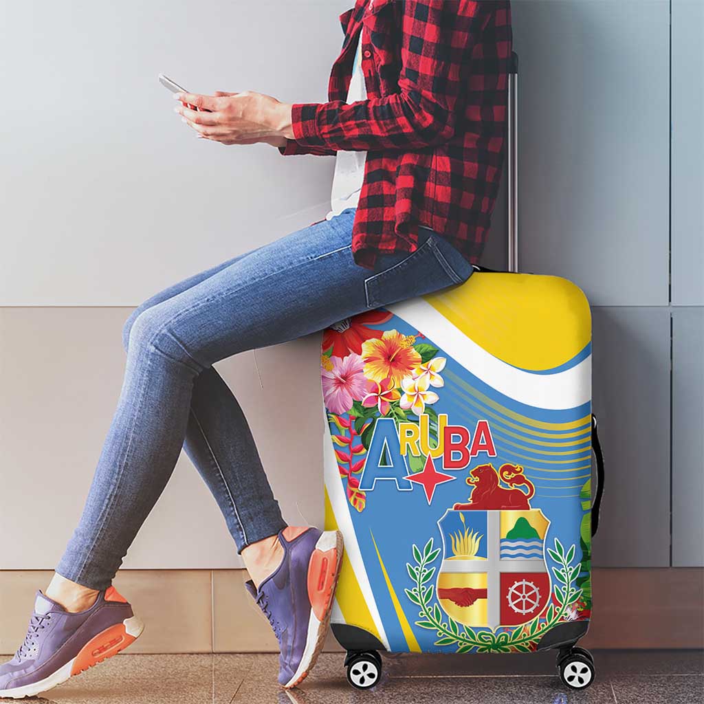 Aruba Luggage Cover Coat Of Arms With Tropical Flowers