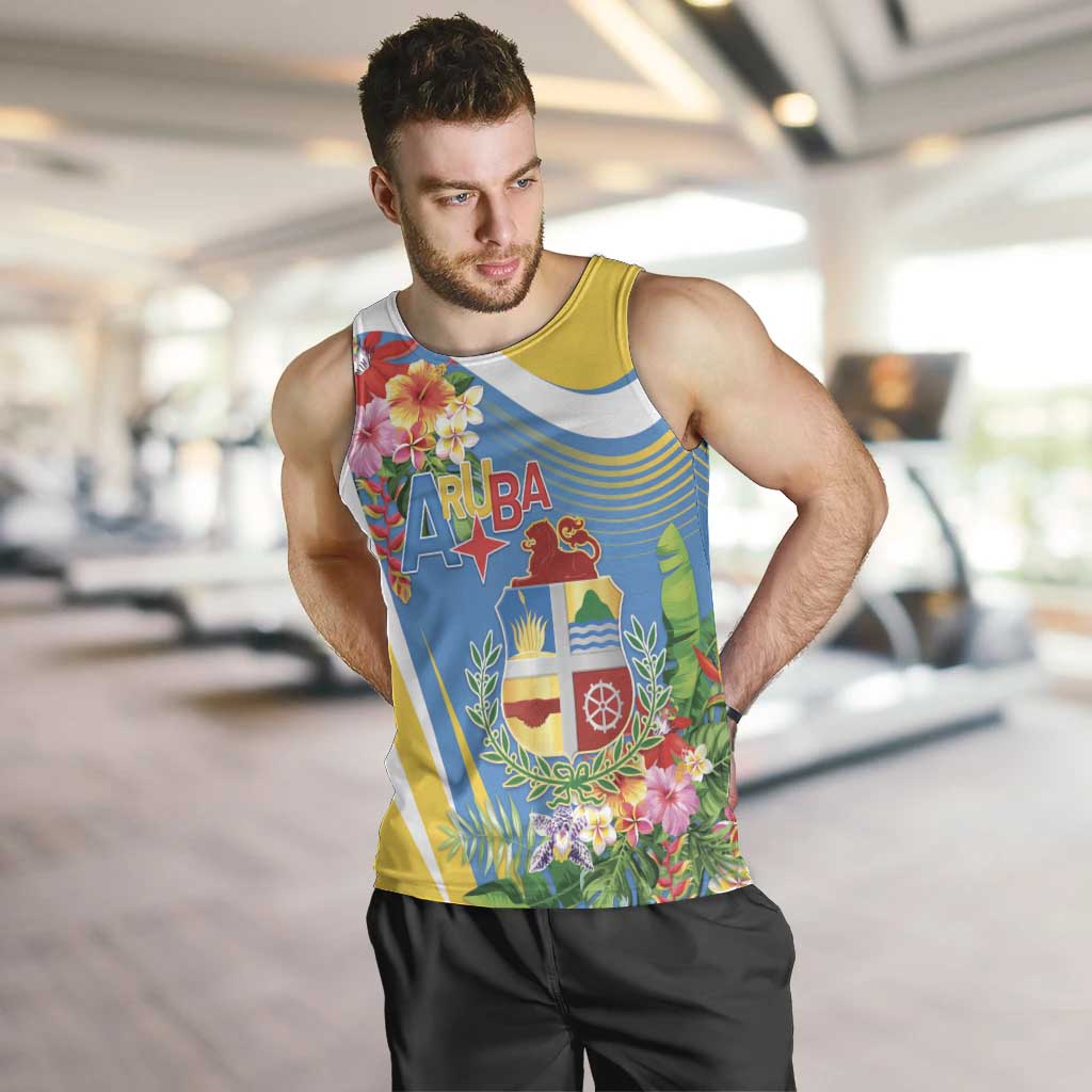 Aruba Men Tank Top Coat Of Arms With Tropical Flowers