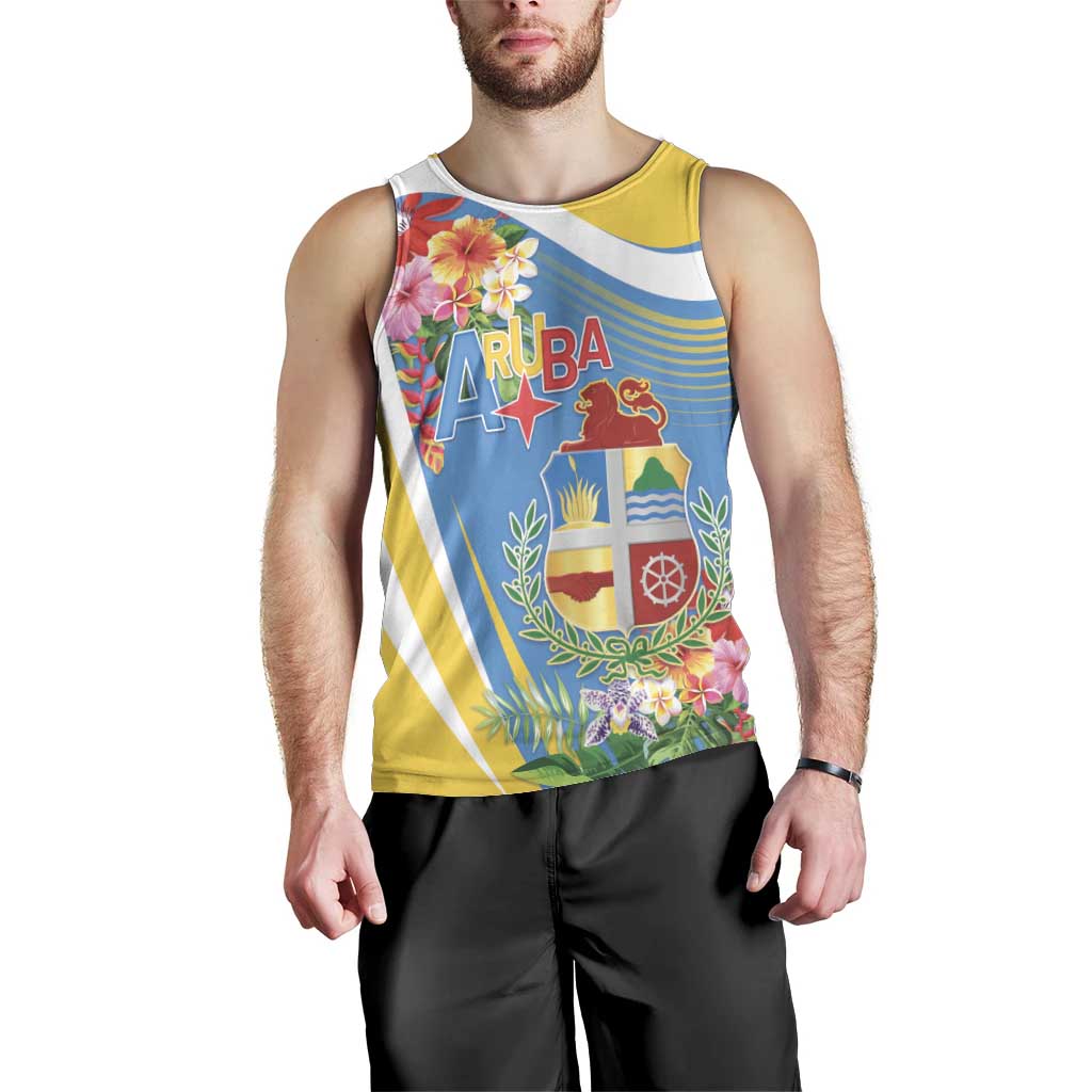Aruba Men Tank Top Coat Of Arms With Tropical Flowers