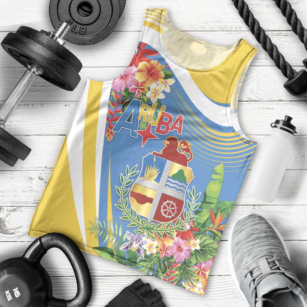 Aruba Men Tank Top Coat Of Arms With Tropical Flowers