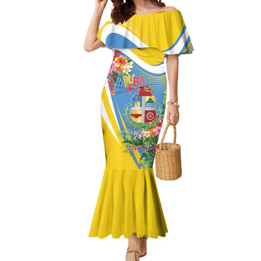 Aruba Mermaid Dress Coat Of Arms With Tropical Flowers