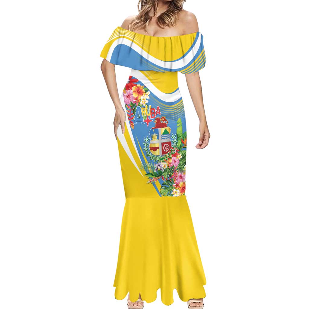 Aruba Mermaid Dress Coat Of Arms With Tropical Flowers